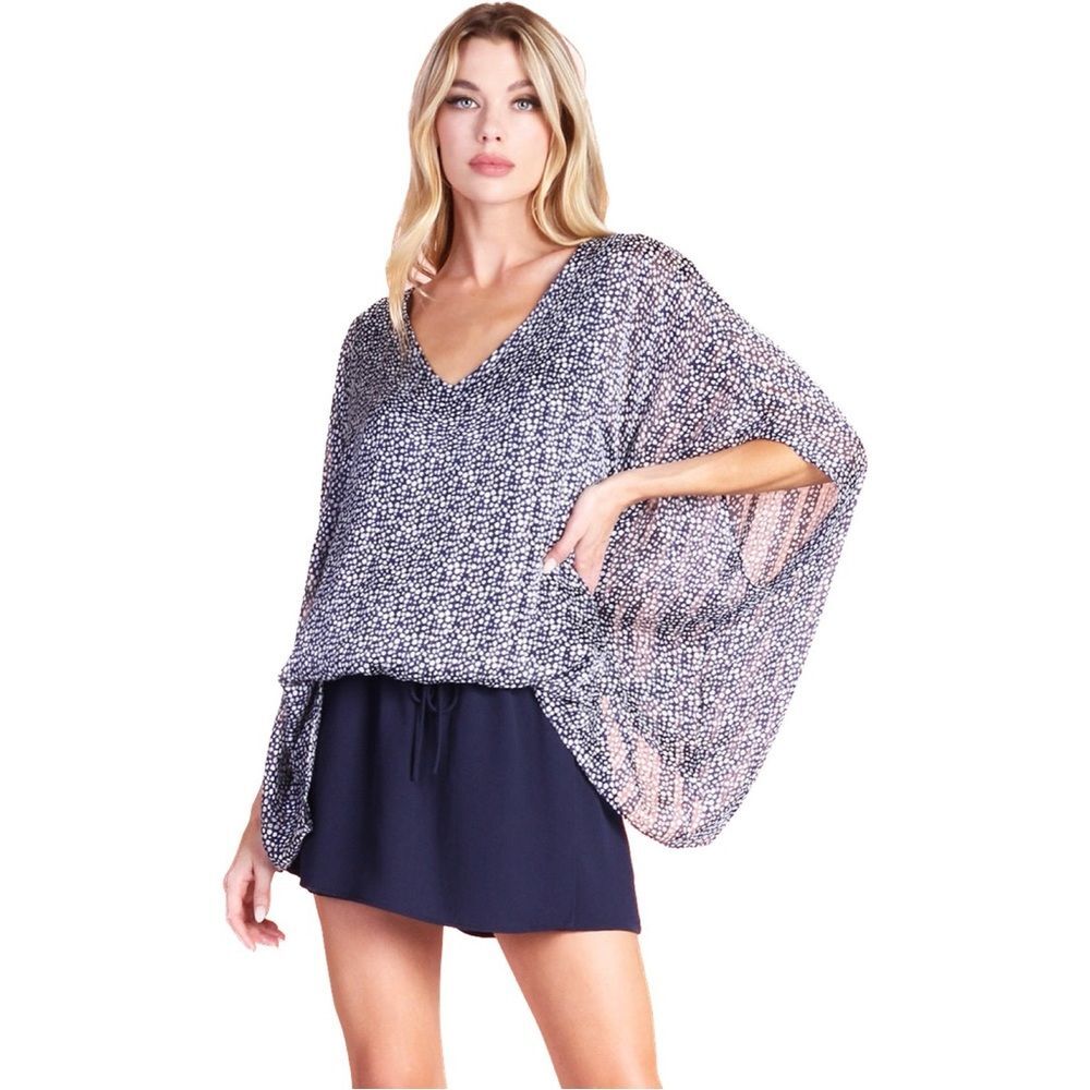 Tyche Starlet Print Oversized Caftan Batwing Chic Front Ruched Hemline Top M